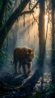 Tiger walking through misty forest with hanging vines and golden sunlight filtering through tall trees, wildlife in natural habitat.