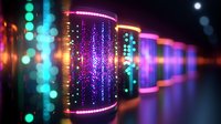 Glowing cylindrical light installations with vibrant purple, blue and orange illumination creating magical bokeh effect against dark background. For festive designs.
