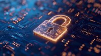 Glowing padlock icon on computer circuit board representing cybersecurity, data protection, and digital information safety in modern technology environment.