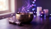 Tibetan singing bowl with wooden mallet releasing purple mystical smoke on wooden surface near window with bokeh lights for meditation and healing.