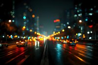 Blurred city street at night with colorful bokeh lights from traffic and buildings creating atmospheric urban scene on wet asphalt road.