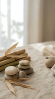 Zen spa stones and bamboo arranged on natural linen fabric near bright window creating peaceful meditation atmosphere for wellness and relaxation.