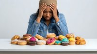 Young African American woman in denim jacket and beanie showing stress while surrounded by colorful donuts and cupcakes on white table against gray background.