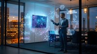 Professional businessman analyzing holographic data visualizations and charts in modern office with city skyline view at evening.