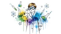 Young male scientist in lab coat with safety goggles holding test tube surrounded by colorful watercolor splashes and molecular structures on white background.