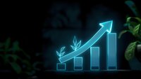 Glowing neon blue growth chart with organic leaf elements on dark background with green foliage, representing sustainable business development and eco-friendly progress.