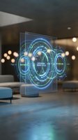 Futuristic holographic display showing sustainable energy cycles with glowing blue circular interfaces in modern office environment for technology presentations.