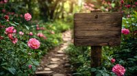 Rustic wooden sign post surrounded by blooming pink roses in lush garden pathway with natural sunlight filtering through foliage for outdoor signage.