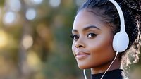 Young African American woman with braided hair wearing white headphones listening to music outdoors with natural bokeh background for lifestyle content.