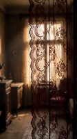 Ornate lace curtains with intricate floral patterns filtering warm sunlight in vintage interior room creating romantic atmospheric home decor ambiance.