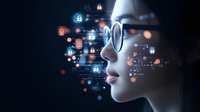 Young Asian woman in glasses with digital security icons and glowing network elements floating around her face in dark background, representing cybersecurity and data protection.