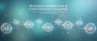 Business workflow and continuous analysis with connected digital icons representing data processing, analytics, and automation on blue background.