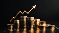 Stacks of golden coins with upward trending arrow showing financial growth and investment success against dark background. For business and finance concepts.