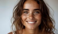 Close-up portrait of young woman with freckles and wavy brown hair smiling at camera against neutral background, conveying happiness and confidence.