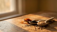 Wooden spoons filled with colorful spices and peppercorns on rustic cutting board in warm kitchen lighting for culinary cooking and seasoning recipes.