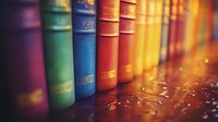 Colorful row of vintage books on wooden shelf with soft bokeh light effect and shallow depth of field creating nostalgic atmosphere for reading and education concepts.