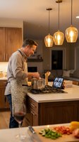 Middle-aged Caucasian man cooking in modern kitchen with pendant lights, island counter, and video call on laptop during meal preparation at home.