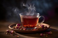 Steaming hot aromatic tea in glass cup on wooden plate with scattered dried rose buds and petals, dark moody background with rising steam captured in light.