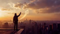 Businessman in silhouette drawing upward arrow above city skyline at sunset, representing growth, success, and financial progress for corporate and business concepts.