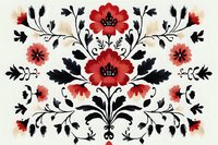 Symmetrical floral folk art pattern with red poppies and black leaves on light background, traditional ornamental motif for textile and surface design.