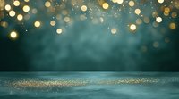 Magical teal and gold bokeh background with glitter scattered on surface, dreamy atmosphere with blurred lights and sparkles creating ethereal mood for festive designs.