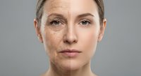 Woman face showing aging process with wrinkles and smooth skin comparison for skincare treatment and anti-aging cosmetic procedures on gray background.