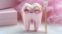 Cute pink tooth with kawaii face and golden toothbrush on light background. Dental care concept for kids and pediatric dentistry promotion.