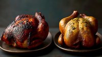 Two whole roasted chickens on rustic plates, one with crispy spiced skin and the other with golden herb-seasoned exterior, showcasing different cooking styles for gourmet meal preparation.