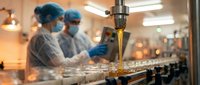 Pharmaceutical manufacturing workers in sterile environment operating precision equipment for drug production in modern laboratory facility.