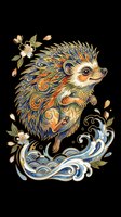 Ornate hedgehog with swirling waves and cherry blossoms, isolated on transparent background, ready for stickers, t-shirt design, and print on demand use.