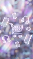 Online shopping concept with transparent icons floating over purple bokeh background for e-commerce and digital retail marketing campaigns.