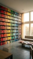 Modern home library with colorful books arranged by color creating rainbow effect on floor-to-ceiling shelves with natural light streaming through windows.