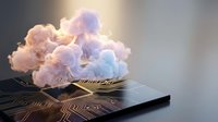 Glowing cloud sculpture on geometric patterned surface with warm and cool lighting, suitable for modern interior design and contemporary art projects.