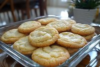 Fresh baked sugar cookies with crispy edges and soft centers arranged on glass serving tray, showing golden brown color and crackled surface texture.