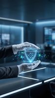Business professional hands protecting holographic shield with risk evaluation matrix in modern office environment for cybersecurity and data protection concepts.