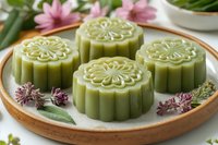 Green tea matcha mooncakes with decorative patterns on wooden plate surrounded by pink flowers and herbs for traditional Asian festival celebration.