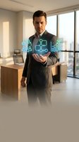 Businessman in dark suit holding glowing digital icons representing teamwork, networking, growth and sustainability in modern office with city skyline view for corporate strategy concepts.