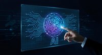 Businessman touching holographic AI brain interface with circuit patterns on futuristic digital screen for technology presentations.