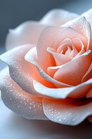 Delicate peach rose with morning dew drops on petals in soft focus macro photography, creating romantic and dreamy atmosphere for wedding and love themes.