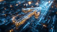 Glowing digital arrow points upward on futuristic circuit board background with blue technology elements and light effects, representing growth and progress.