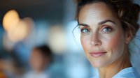 Confident businesswoman with blue eyes and natural makeup smiling at camera. Professional corporate portrait with soft bokeh background and gentle lighting.