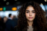 Young Latin woman with natural curly dark hair and gentle smile looking at camera against blurred city lights background. Soft evening portrait with bokeh effect.