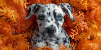 Spotted Dalmatian puppy with blue eyes looking directly at camera against vibrant orange autumn leaves background, creating seasonal pet portrait.