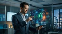 Businessman in dark suit holding tablet with holographic cybersecurity interface displaying cloud security and data protection technology in modern office environment.