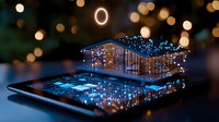 Futuristic smartphone hologram projection with glowing blue light particles and digital interface emerging from screen against dark background with bokeh lights.