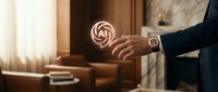 Professional businessman hand holding swirl lollipop candy in modern office interior with warm lighting and elegant furniture background.