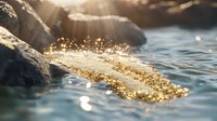 Glittering gold particles scattered on water surface with sunlight creating magical sparkles against dark rocks, dreamy ethereal nature macro photography.