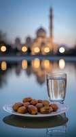 Fresh dates and water glass on plate with blurred mosque and reflective water in background during evening sunset, creating peaceful Ramadan atmosphere.