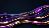 Luminous flowing waves with purple, gold and blue colors create dynamic abstract background with glowing particles and sparkles on dark backdrop.