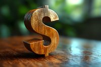 Wooden dollar sign symbol on rustic table with natural bokeh background, representing financial success, wealth and money concepts in warm tones.